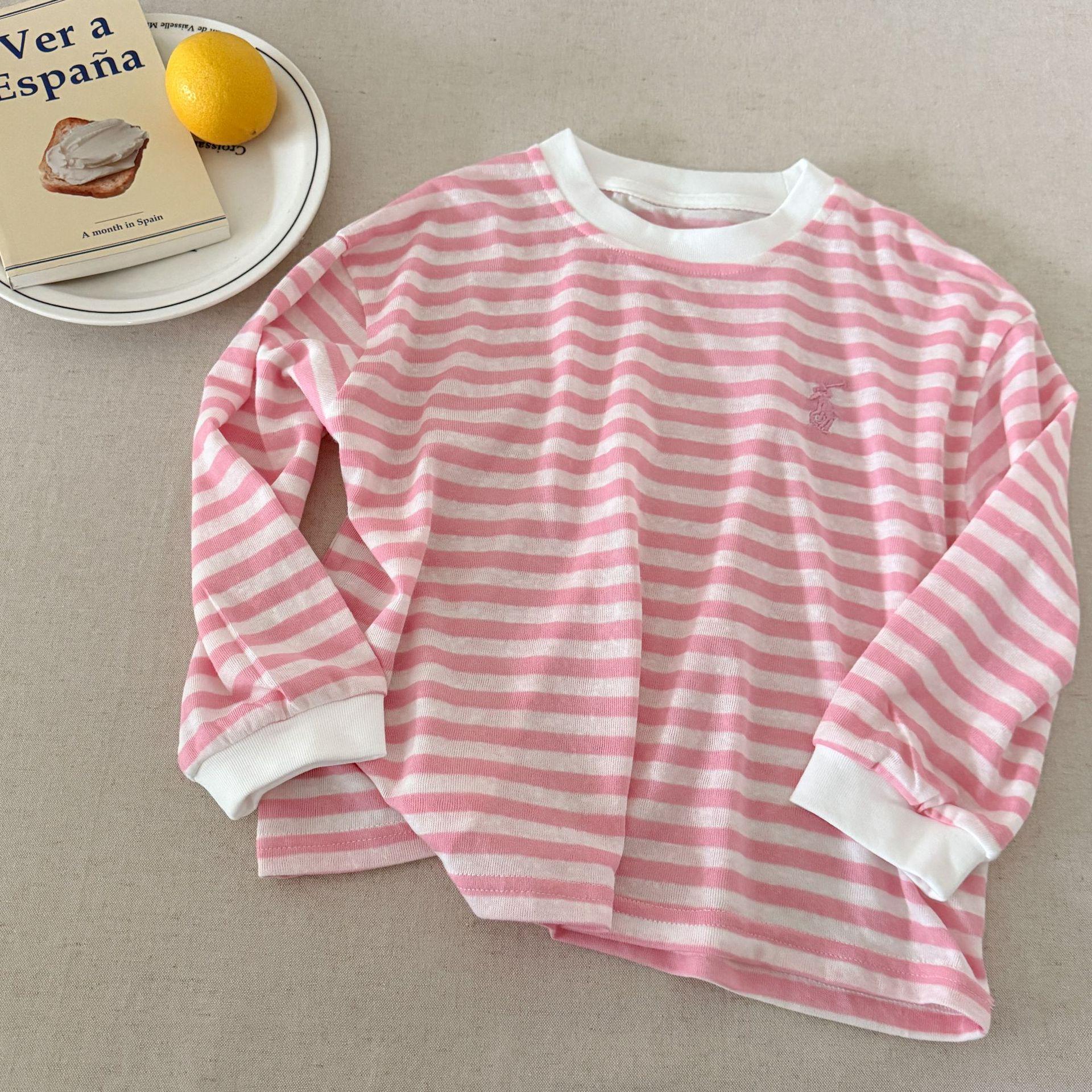 

Летняя детская полосатая футболка с круглым вырезом 2025 - Защита от комаров, прохладная и модная для мальчиков и девочек 90 cm розовый