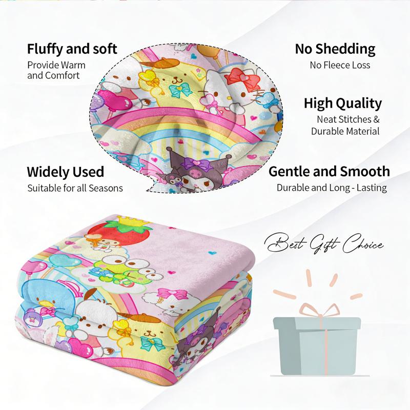 Playful Sanrio Collage Flannel Blanket Soft Warm Throw Hello Kitty Couch Bed Cover Lightweight Summer Nap Blanket Sweet Gift