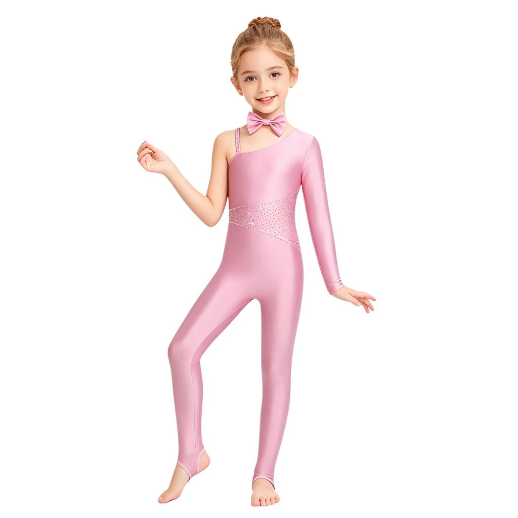 Girls Cat Cosplay Leotard Jumpsuit Sparkly Rhinestones Asymmetrical Sleeves with Tail Long Pants and Bowtie for Halloween Costume Party