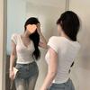2025 Summer Sexy Lace V-Neck Cropped Top for Women - Slim Fit Short Sleeve