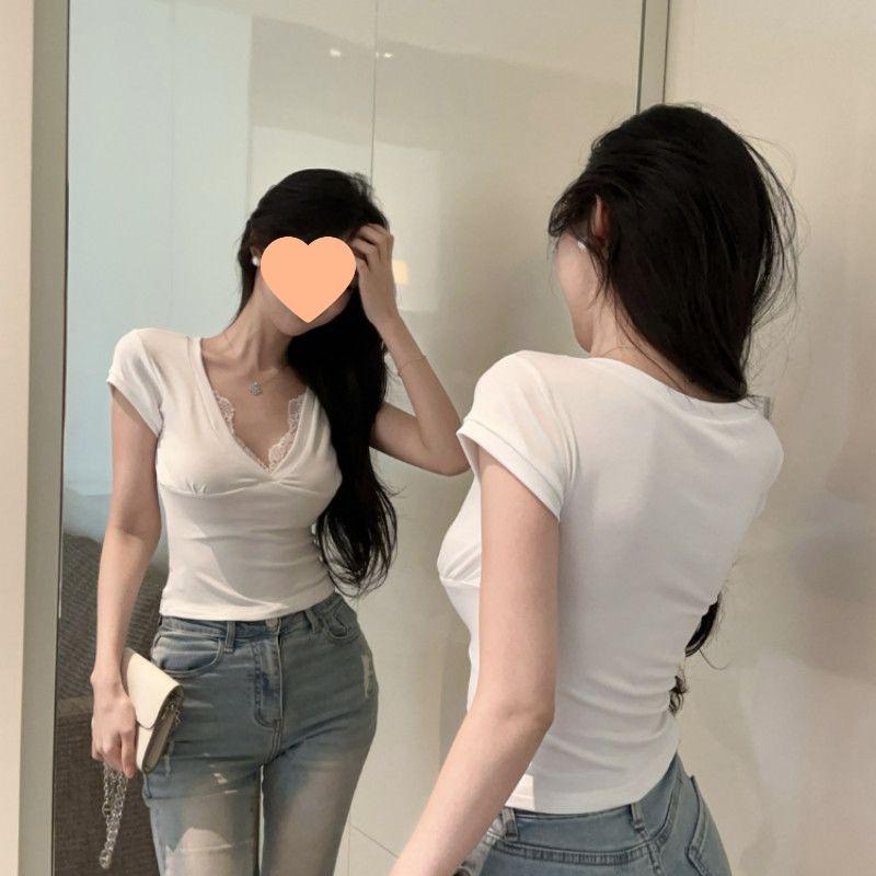 2025 Summer Sexy Lace V-Neck Cropped Top for Women - Slim Fit Short Sleeve