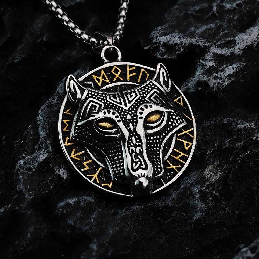 Golden Wolf Head Odin Rune Pendant for Men's Street Personality Stainless Steel Pendant Necklace Jewelry
