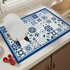 1Pcs Rubber Drying Mat With Retro Blue Simple Print For Coffee Shop Kitchen Carpet Tableware Durable Diatom Mud Table Mat Pet Mat Coffeeware