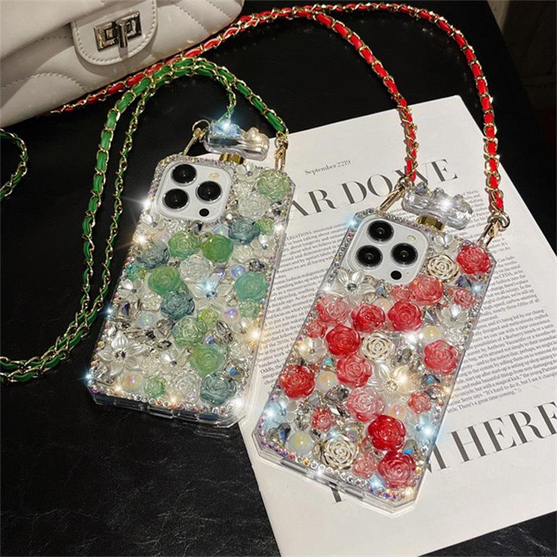 For Apple 16pro Perfume Bottle Phone Case Rhinestone Rose for IPhone17 Crossbody Full Diamond 14 Luxury