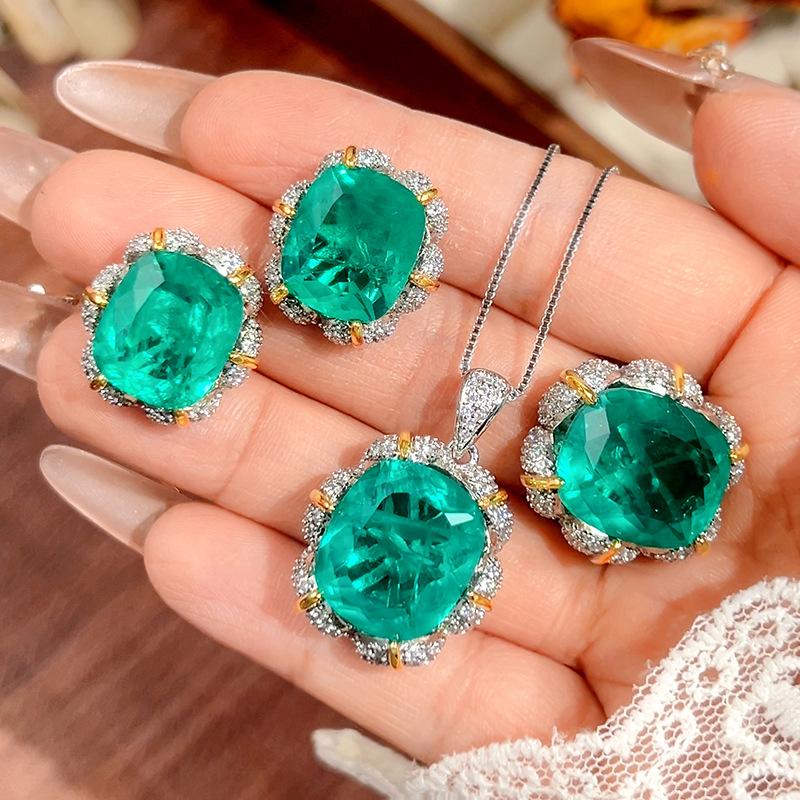 Copper Jewelry Set, Necklace, Ring Stud Earrings, Lotus Shape, Wood With Greenstone Women'S Luxury Goods