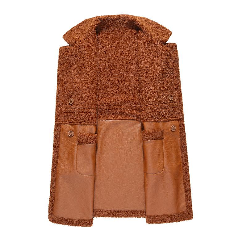 Winter mittellange samtverdickte Anzugkragen Reversible lose PU-Lederjacke für Damen