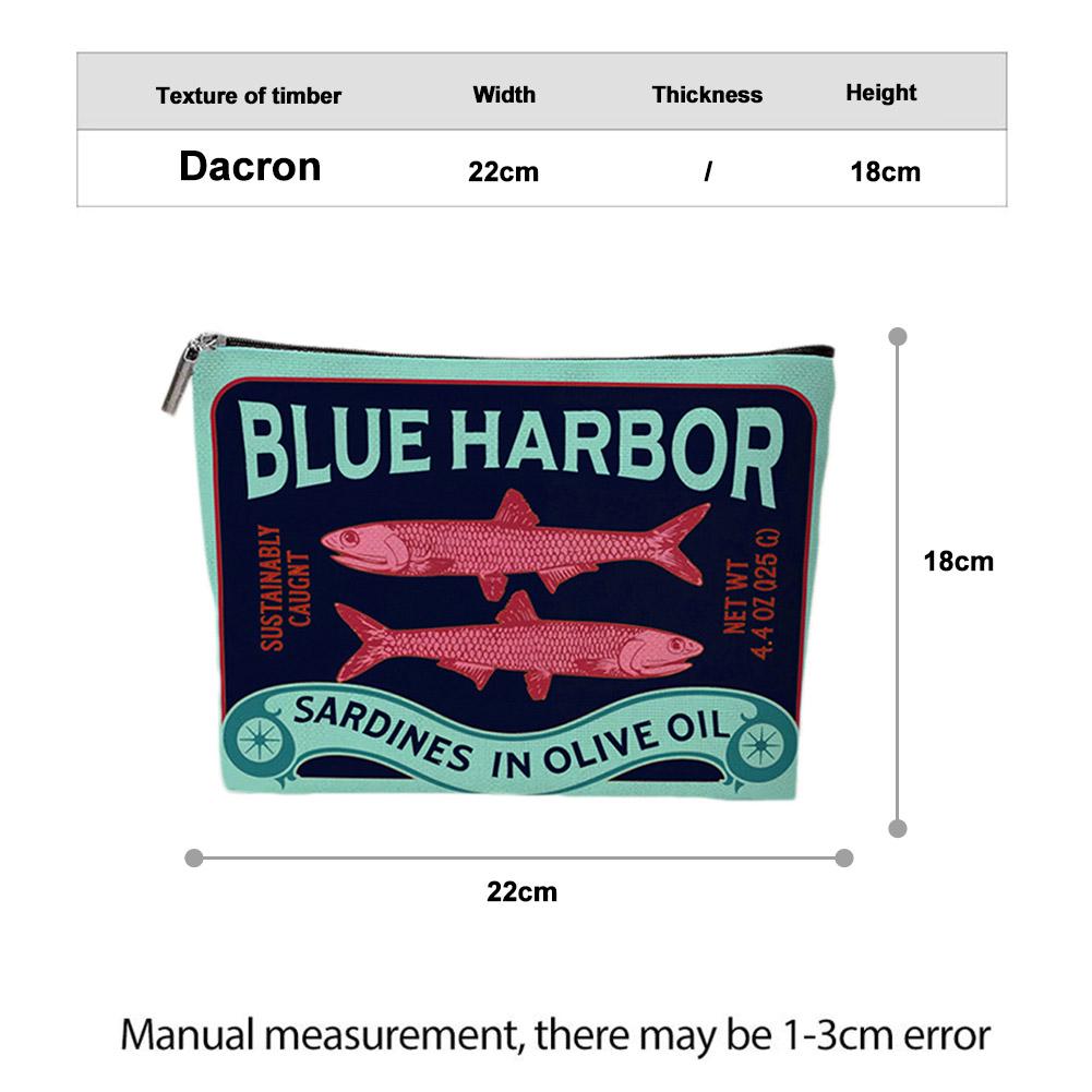 Cartoon Sardine Printed Makeup Bag Women Zipper Cosmetic Organizer Cloth Handbag Box Shape Portable Toiletry Case For Girls