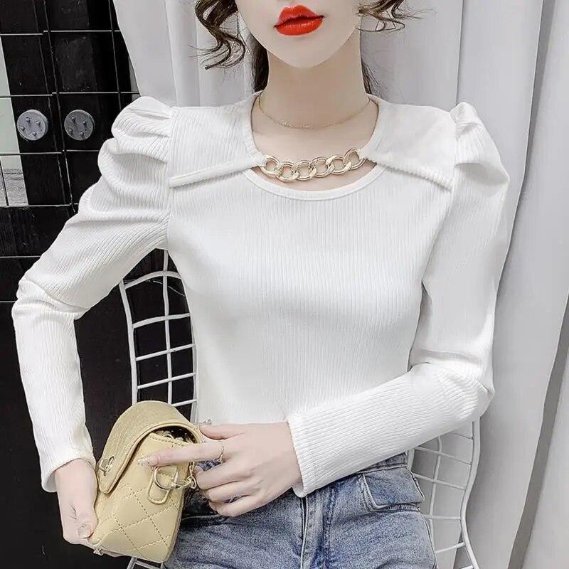 Autumn New Puff Sleeve Knitted Top White Bottoming Shirt for Women Solid Color Long Sleeve T-shirt