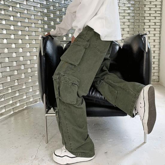 Men Cargo Pants Street Style Loose Multi Pockets American Retro Trousers Solid
