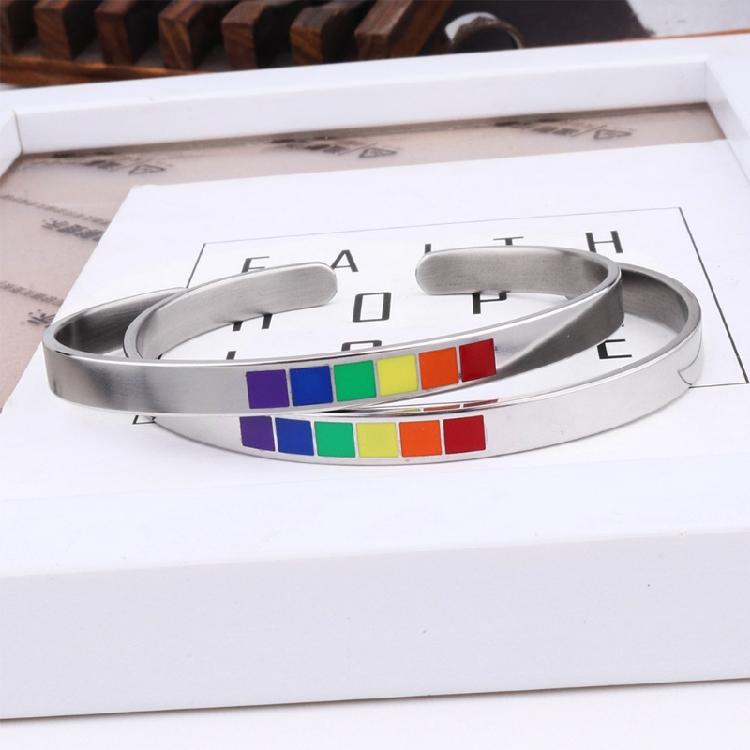 LGBTQ Cuff Bangle Bracelets Stainless Steel Rainbow Lovers Bracelets for Unisex