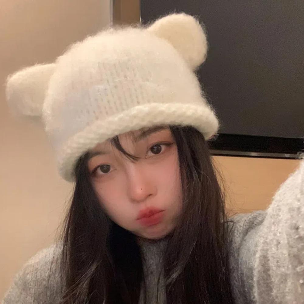 Y2K Bear Ear Woolen Hat Fluffy Brimless Beanie Cap Fashion Knitted Pullover Hat  Women