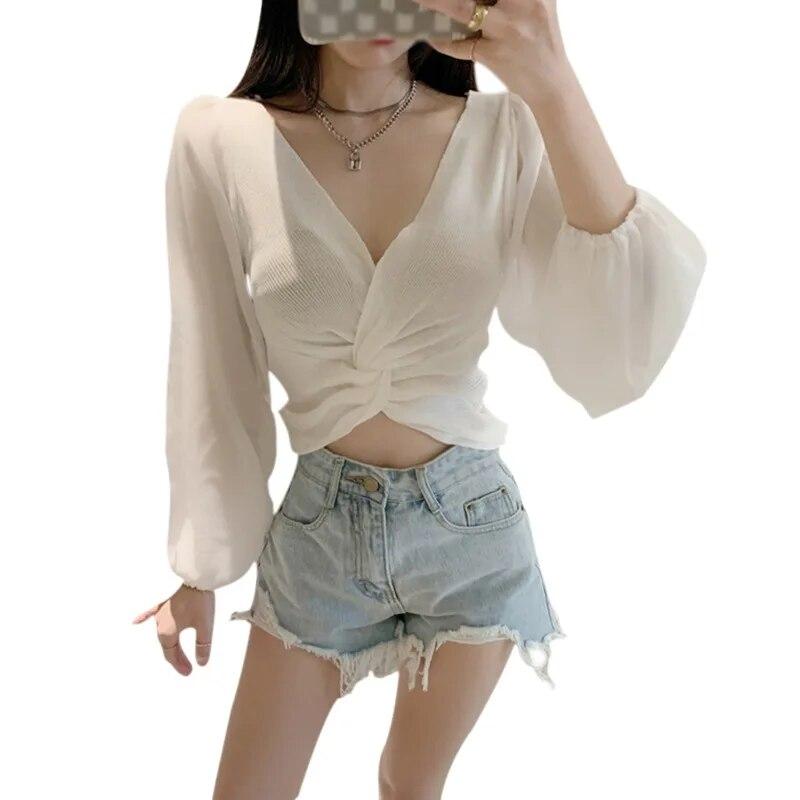 

Дизайнерский вязаный шифоновый топ с V-образным вырезом и перекрестным узлом с открытым пупком One Size