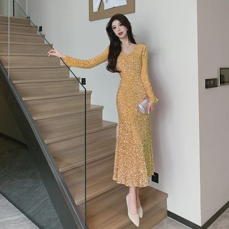 Women's V-Neck Long-Sleeve Sequin Fishtail Dress (2024 Autumn/Winter Collection)