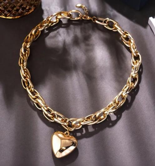 Chunky Chain Necklace with Heart Pendant Gold Tone Metal Link Chain Adjustable Length Jewelry for Women and Men
