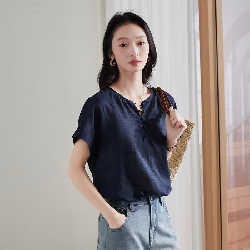 SOFSIL Women's 2026 Summer Round Neck Short Sleeve Ramie Blouse
