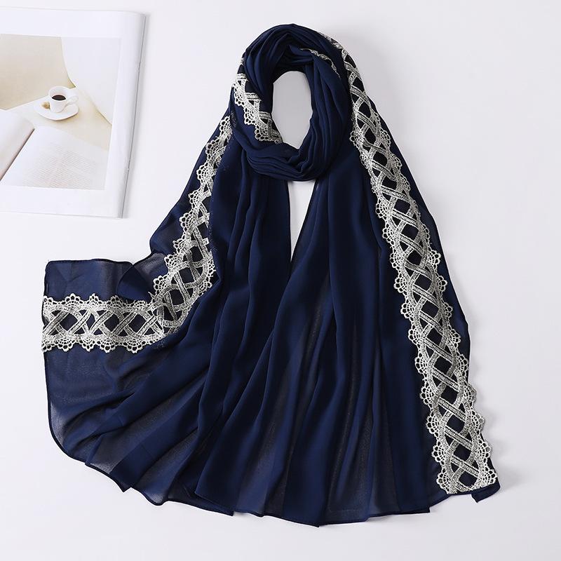 Muslim Women Chiffon Scarves with Lace Side Embroidered Chiffon Hijabs Lace Plain Hijab Patches Decoration