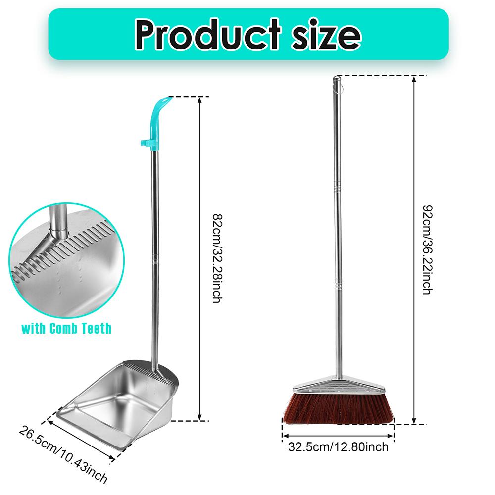 Stainless Steel Broom Dustpan Set Heavy Duty Dust Pan with Comb Teeth Long Handle Rust-proof Clean Tools for Home Indoor Outdoor