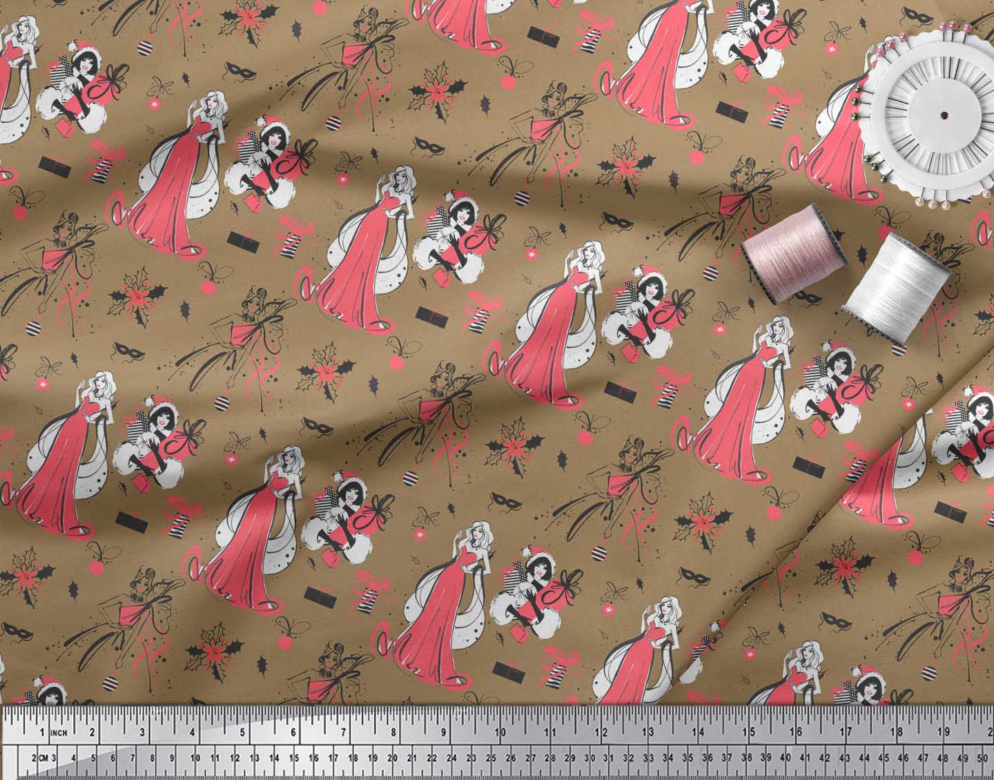 

Soimoi Blue Japan Crepe Satin Fabric Holly Leaves, Gift Box & Shopper Women Fashion Print Тканина на метр 42 дюйма 42 Inch Wide - Poly Crepe коричневий