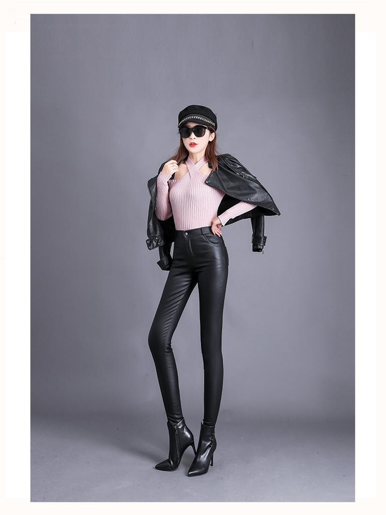 Matte Leather Pants Women Winter Fleece High Waist Leggings for Outerwear Small Feet Bottoms Women