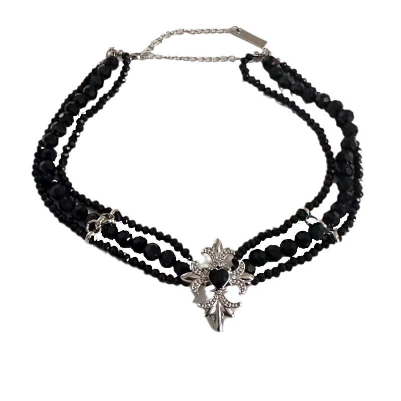 Warstwowy naszyjnik z koralikami z kryształowym krzyżykiem: Europejski i Amerykański Wisiorek w Ciemnym Stylu z Łańcuszkiem na Obojczyk