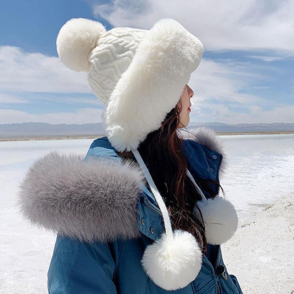 Thicken Hat New Style Ladies Fur Ball Plus Velvet Warm Hood Outdoor Autumn and Winter Cold-proof Fashion Cute Woolen