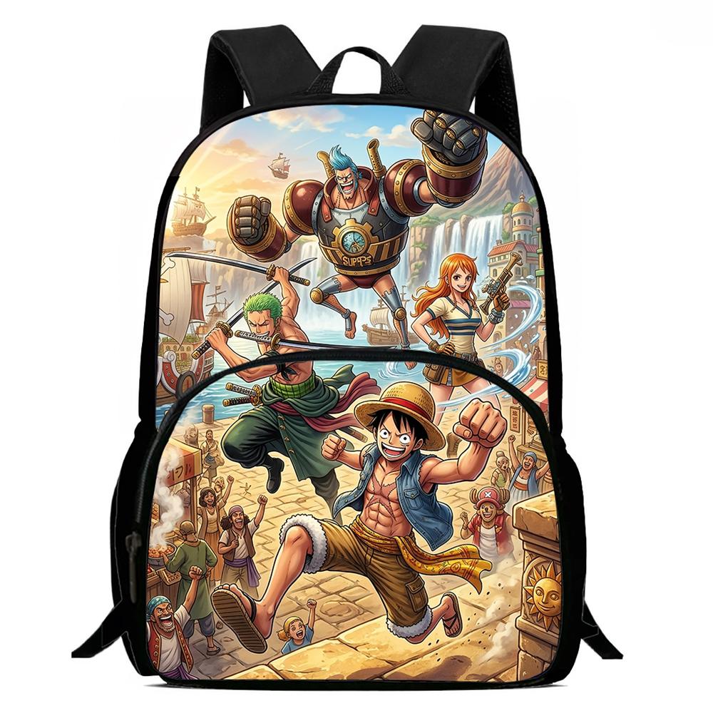 15 Inch Cartoon One Piece Backpack with Front Pocket, Light Weight Unisex School Backpack for Boys Girls Age 6-10 Travel Daypack