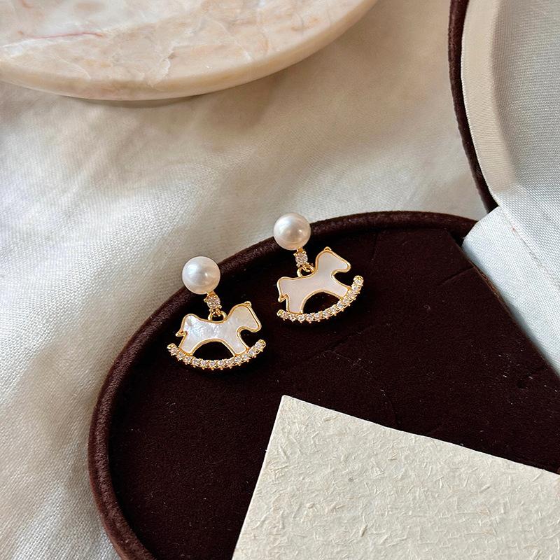 Real gold electroplated zircon pony pearl stud earrings natal year commuting versatile earrings earrings