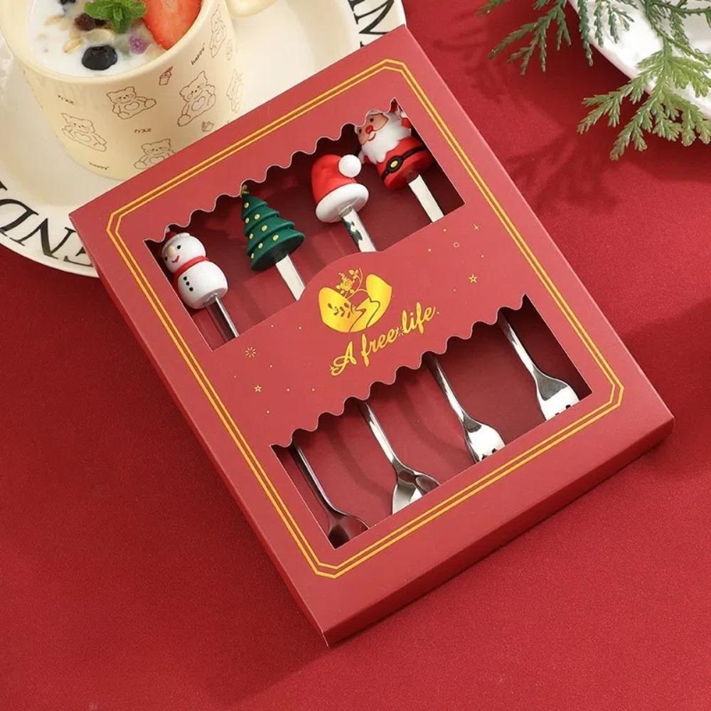 4/6pcs Merry Christmas Tableware Stainless Steel Coffee Tea Spoon Dessert Fork  Birthday Gift