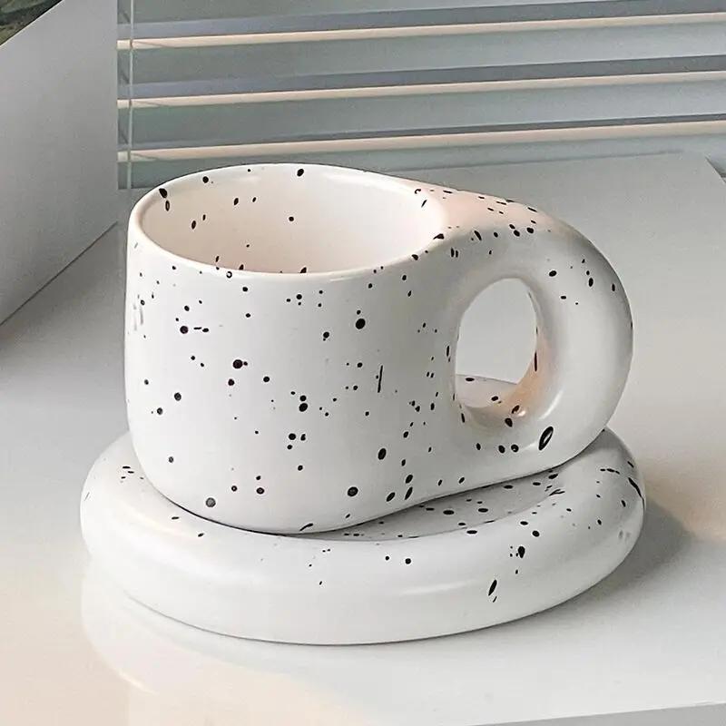 Taza de Leche Chubby y Juego de Platillo para Oficina y Hogar Apariencia Alta Nicho Taza de Café Gorda 9 Oz Taza de Café para Latte Té Leche Regalos