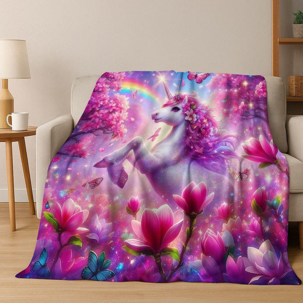 Kreslený duhový jednorožec Elfové Dívka Dárek Flanelová deka, Útulná měkká přehozová deka pro domov Ložnici Postel Pohovku Piknikový potah Děti