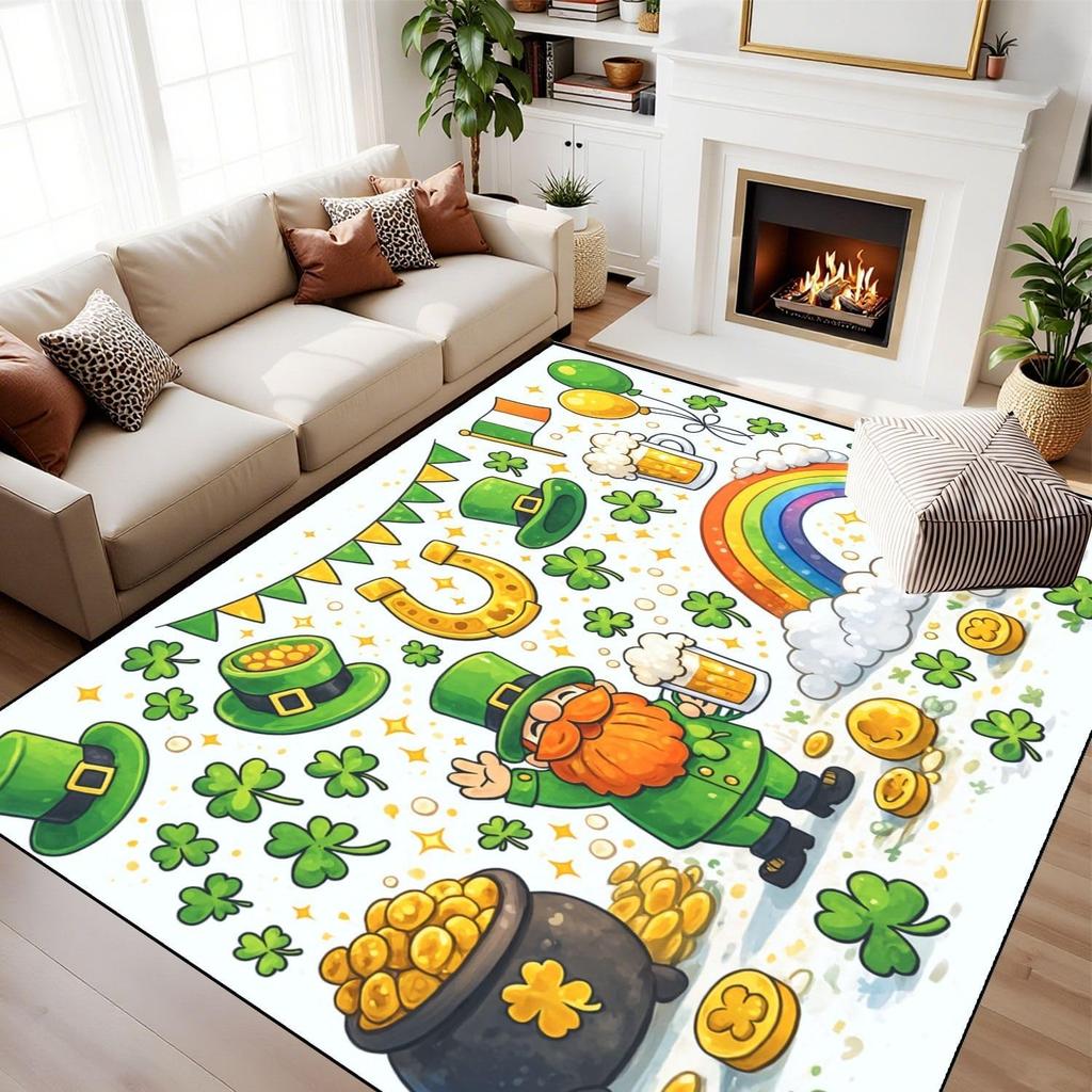 St Patricks Day Rug Irish Clover Shamrock Decor Green Gold Harp Carpet Holiday Floor Mat Soft Non-Slip Home Living Room Decor