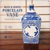 Vintage Blue White Porcelain Square Vase Bottle Floral Oriental Decor