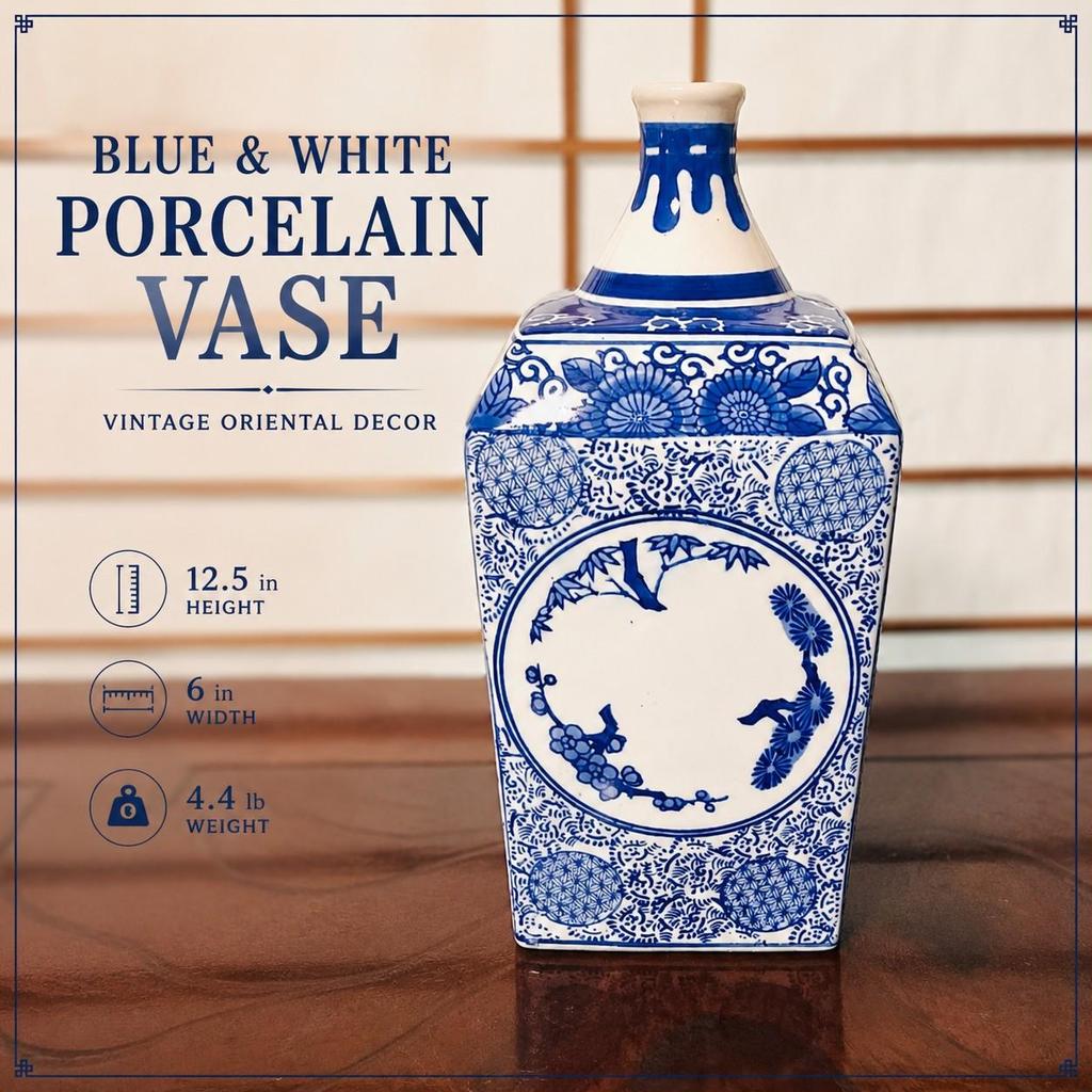 Vintage Blue White Porcelain Square Vase Bottle Floral Oriental Decor