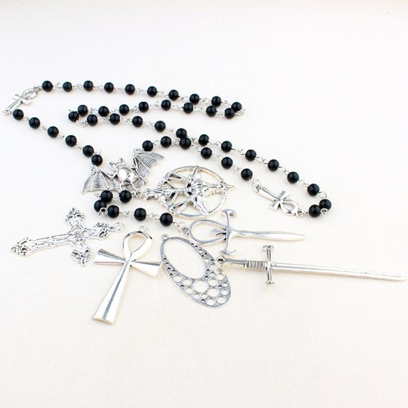 Ankh Kreuz Fledermaus Anhänger Halskette Goth Lange Rosenkranz Perlen Halskette Halloween Schmuck Y2k Punk Pullover Kette Halskette