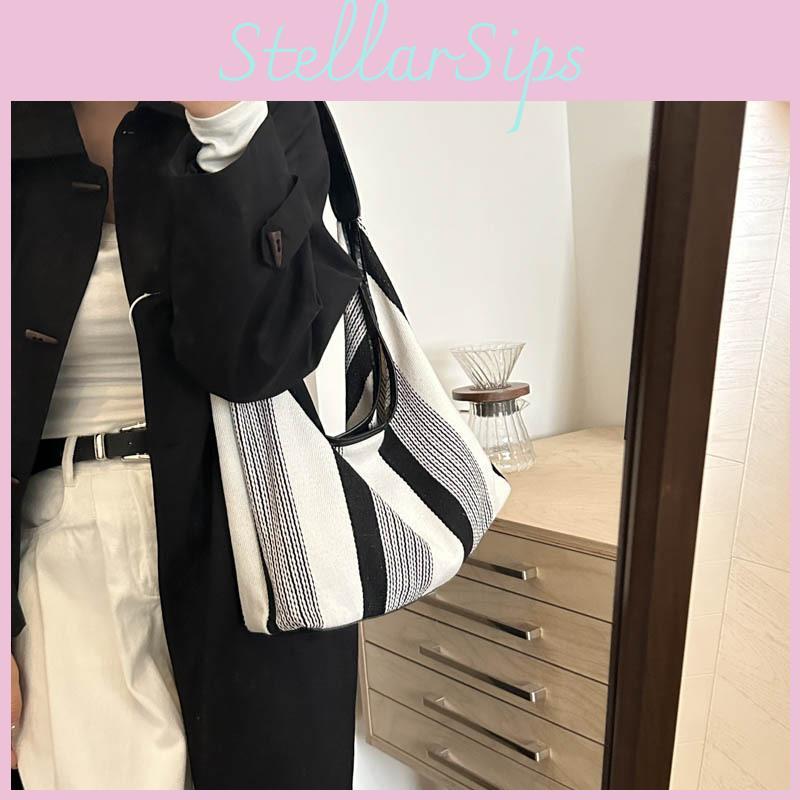 Fashionable 2024 Large Capacity Striped Canvas Tote Handbag For Daily Use