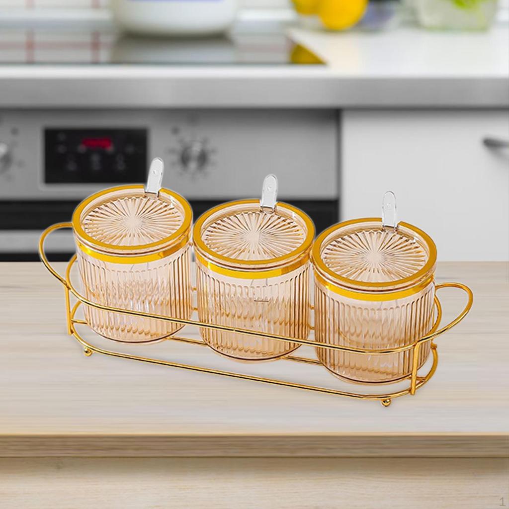 Condiment Jar Container with Holder Integrated Design Multifunction Spice Lids Spoon and for