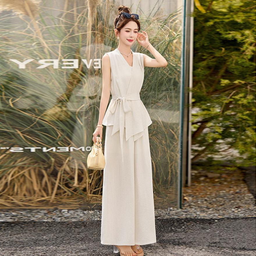 Royal sister Fan sleeveless vest fashion suit women's summer new age-reducing linen wide-leg pants two-piece set