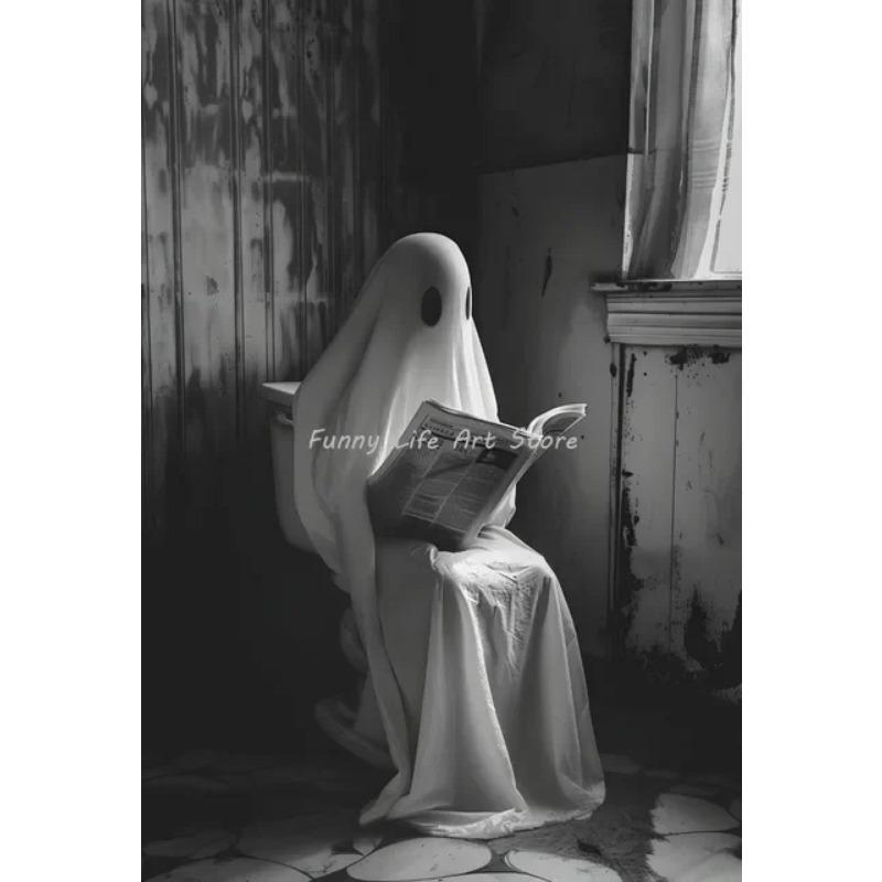 

Gothic Ghost Skeleton Reading in Toilet Halloween Poster Canvas Painting Spooky Wall Decor for Living Room Bathroom and Home 21X30CMNo Framed