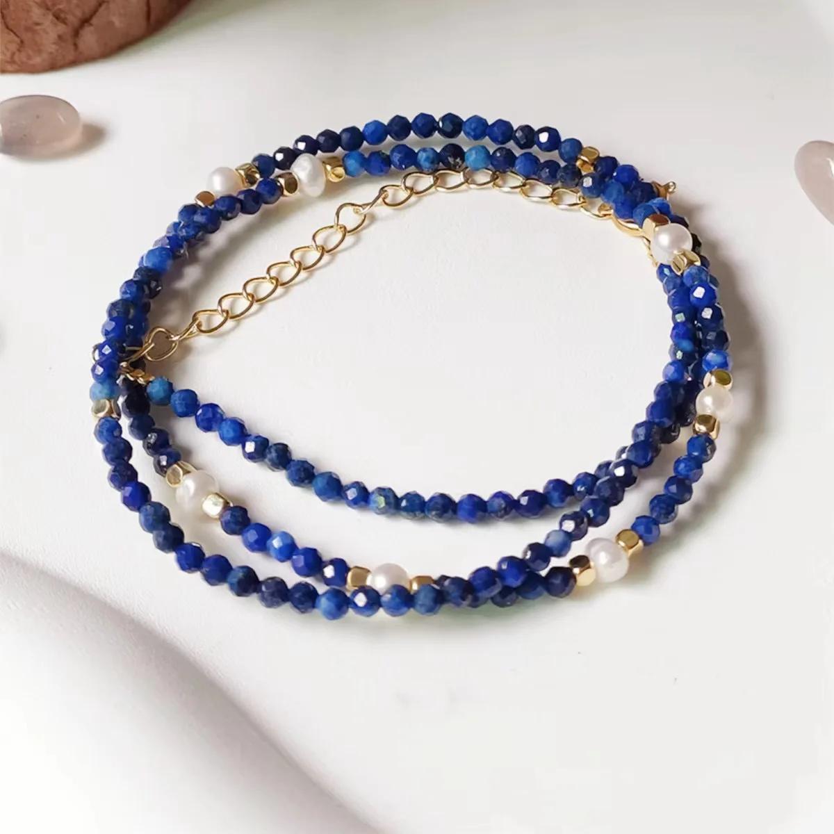Women 14K Gold Plated Copper Choker Necklace Natural Lapis Lazuli Freshwater Pearl Beaded Strand Jewelry