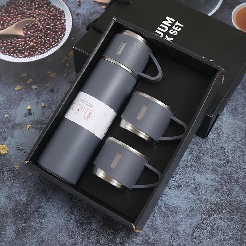 500ML 3-Tassen-Deckel Outdoor Heißwasser Thermoisolierung Neue Edelstahl-Vakuumflasche Geschenkset Thermoskanne Business-Stil