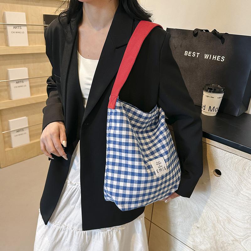 Large Capacity Fashionable Tote Bag For Women 2024 Street Style Trendy Grid Pattern Shoulder Bag