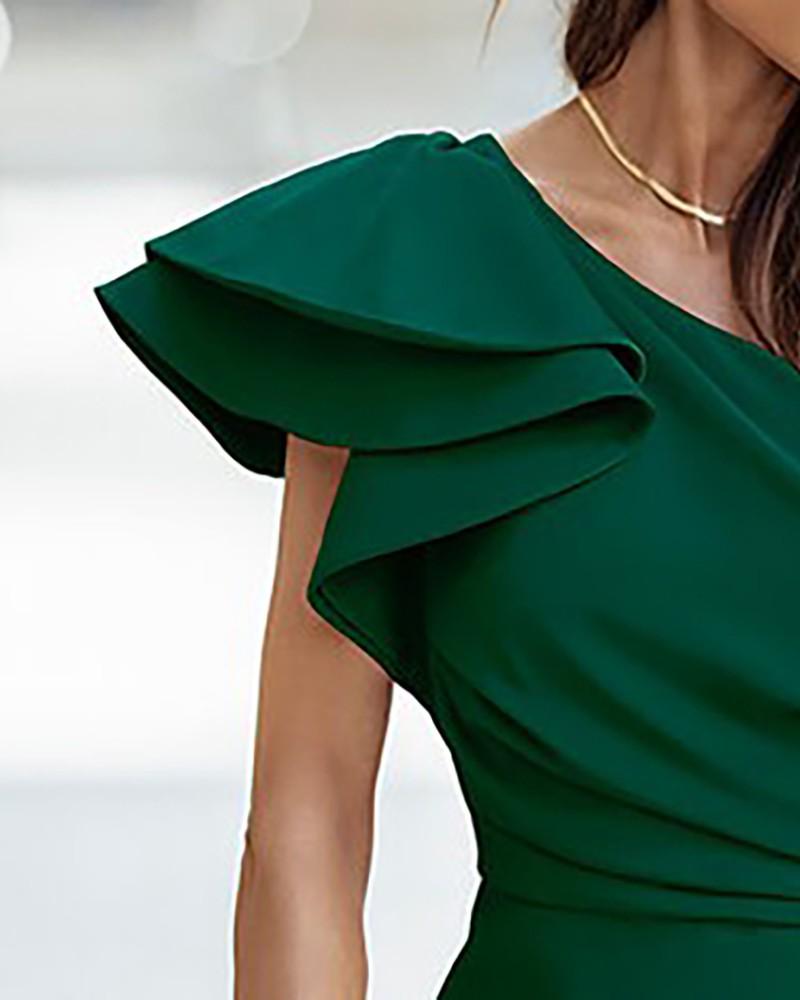 Elegant One-Shoulder Ruffle Slit Pleated Party Dress for Autumn/Winter