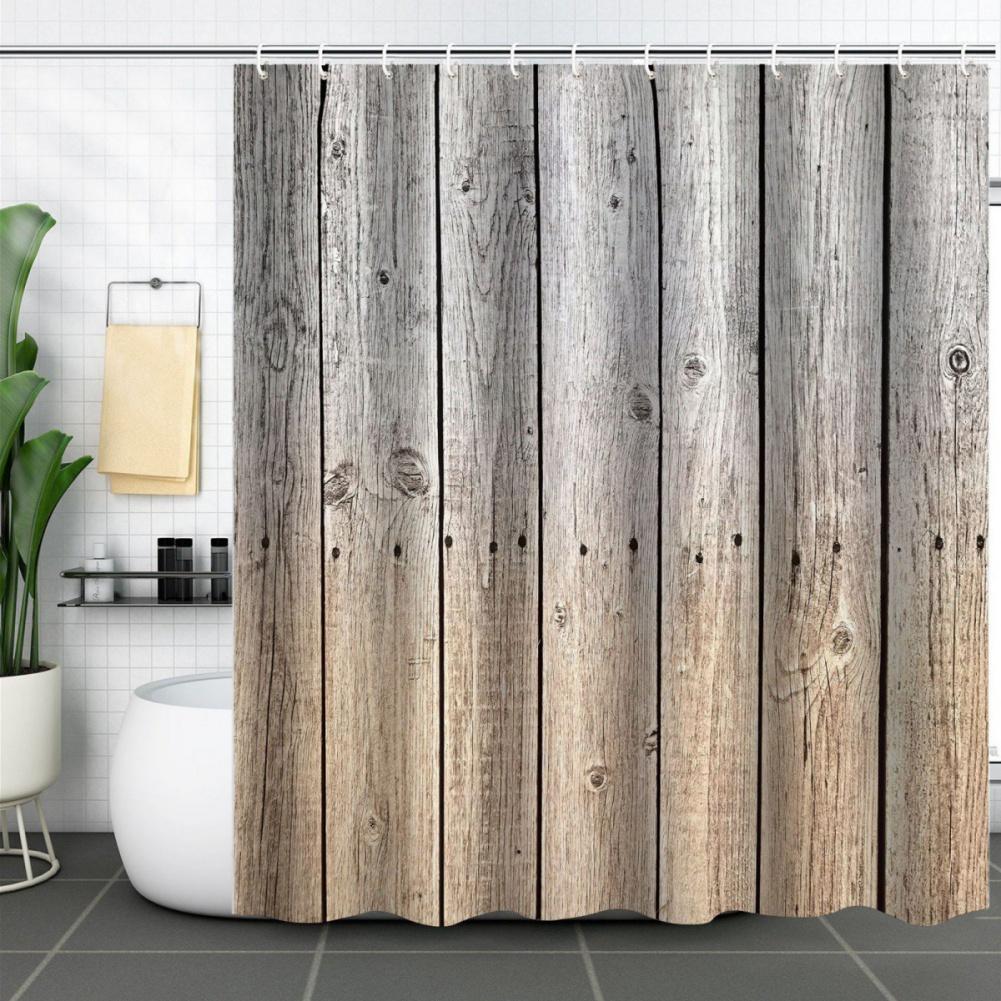 183*183cm Farmhouse Wooden Barn Door Style Shower Curtain Bathroom Curtain with Hooks