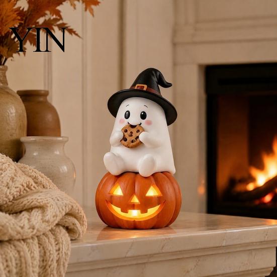 Miniature Ghost Statue Lighted Halloween Figurine, Spooky Resin Witch on Pumpkin/Holding Lantern LED Night Light Figurine with for Desktop Bookshelf
