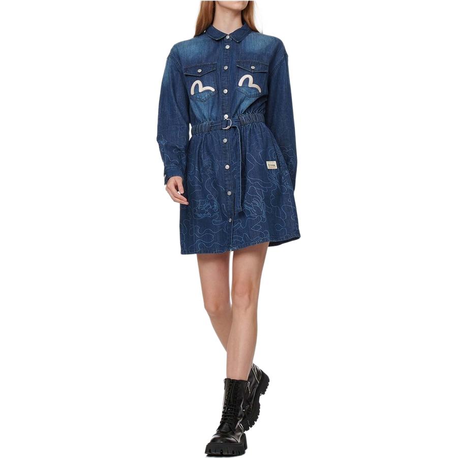 Evisu Laser Print Gradient Denim Long Sleeve Dress Women Dress Denim-Blue 2EAHTW1DR223FFDN