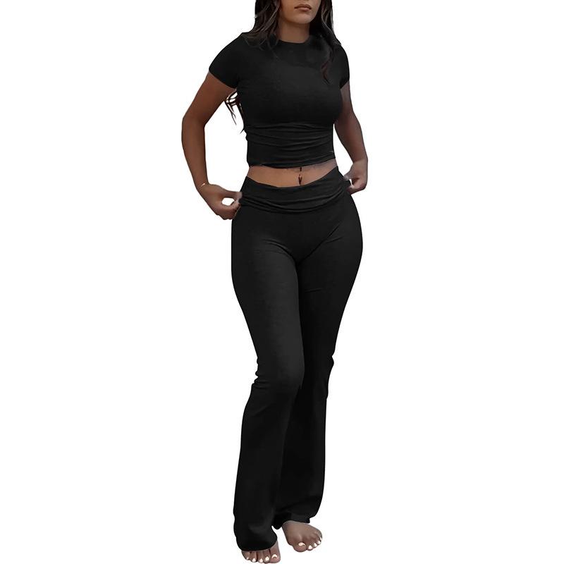 Women's Two Piece Workout Set Crewneck T-Shirt Low Waist Flare Pants Tracksuit