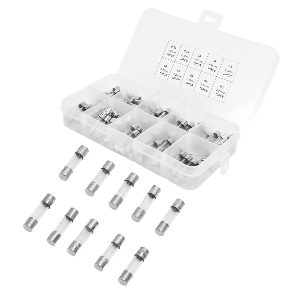 100 Stück Sicherung Schnellschmelzend Glas 0,2A 0,5A 1A 2A 3A 5A 8A 10A 15A 20A Set Kit zum Schutz