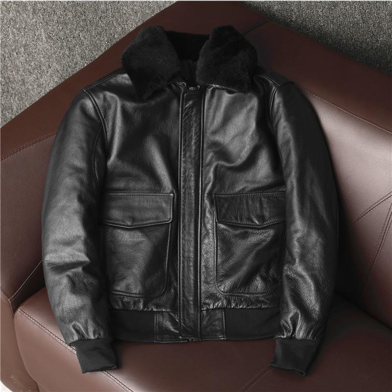 

Winter Air Force Flight Suit Leather Jacket Pure Top Cowhide Genuine Leather Clothes Men s Plus Cotton Large Size Jacket XXXXL чёрный