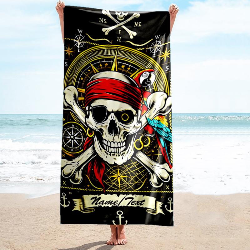 1PC Custom Name Pirate Skull Adventure Beach Towel Highly Absorbent And Sand-Resistant Towel for Swimming, Pool, Yoga, And Travel Lightweight