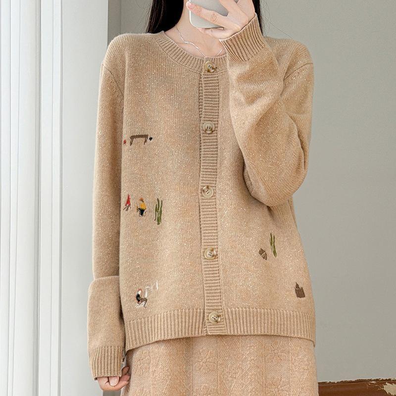 2026 Autumn/Winter Pure Wool Knit Cardigan with Lurex Cactus Embroidery